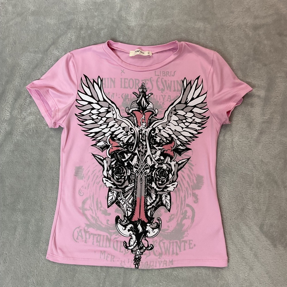Wild Love Pink Graphic Tee Winged Rose Cross Short Sleeve Shirt FK12821 Small